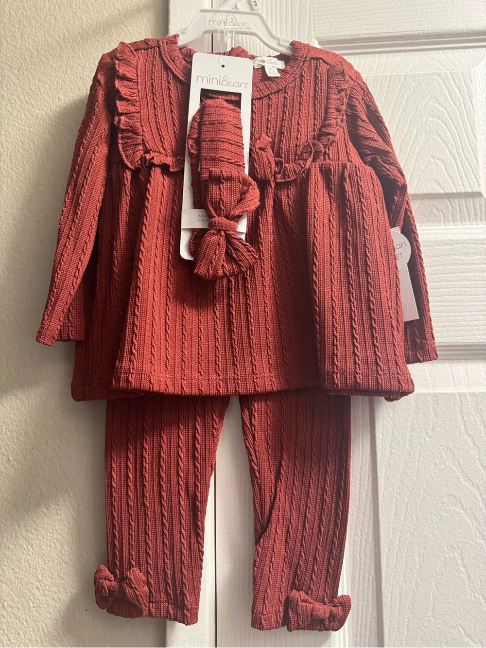 Mini Bean Girls' Ribbed Two-Piece Pajama Set in Rust